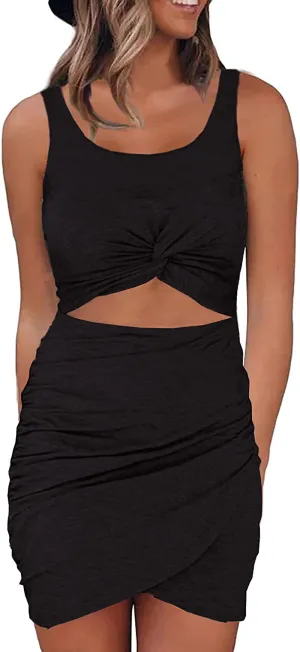 Zalalus Womens Sexy Twist Front Club Party Dresses Sleeveless Wrap Slim Bodycon Mini Dress